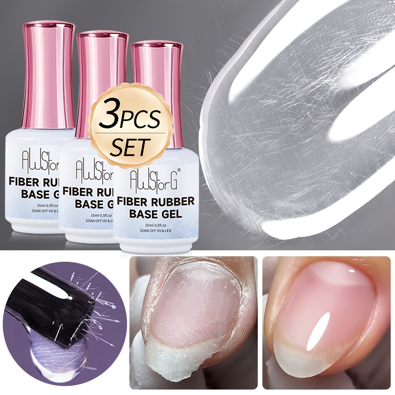 Image of Awstorg 3pcs 15ml Fiber Rubber Base Nail Gel Improve Broken Nail Thicken Thin Nails Soak Off Nail Art Gel