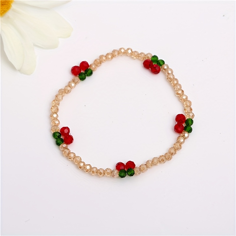 Cherry Bead Stretch Bracelet with Sparkling Crystals for Women