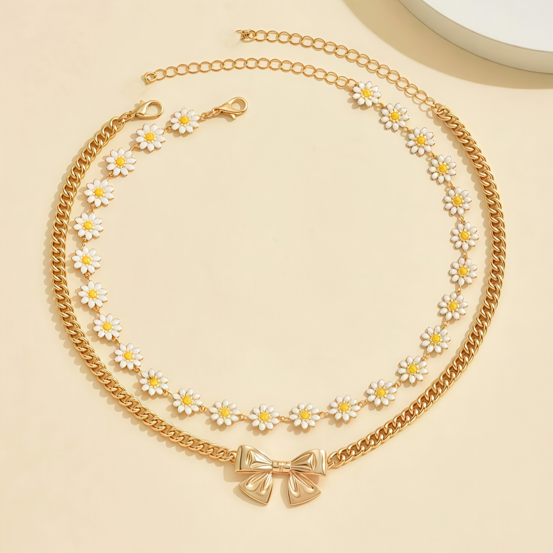 Two-piece Set Of Women's Fashion Close-fitting Necklace Bohemian Daisy Bow Necklace Set Suitable For Women' Leisure Vacation Wear Holiday Gifts