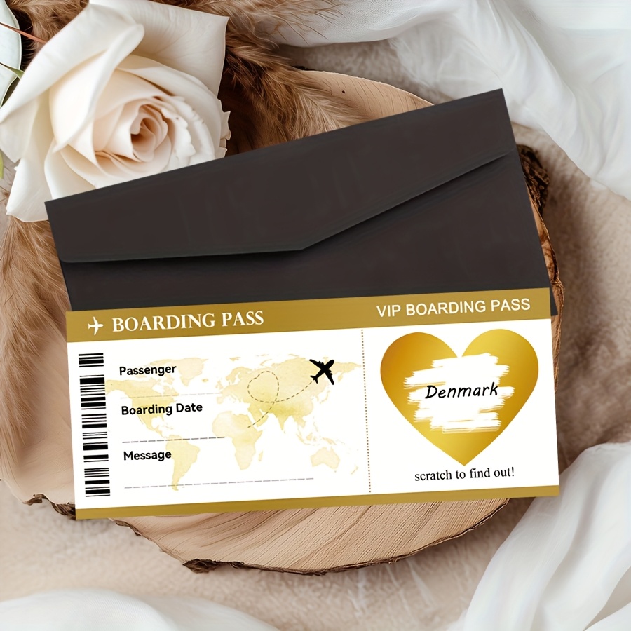Image of 2set Surprise Scratch-off Boarding Ticket, With 2 Envelopes And 2 Heart Stickers, 2 Boarding Passes, Perfect Gift For Birthdays, Weddings, Etc., Party Game Card, Surprise Scratch-