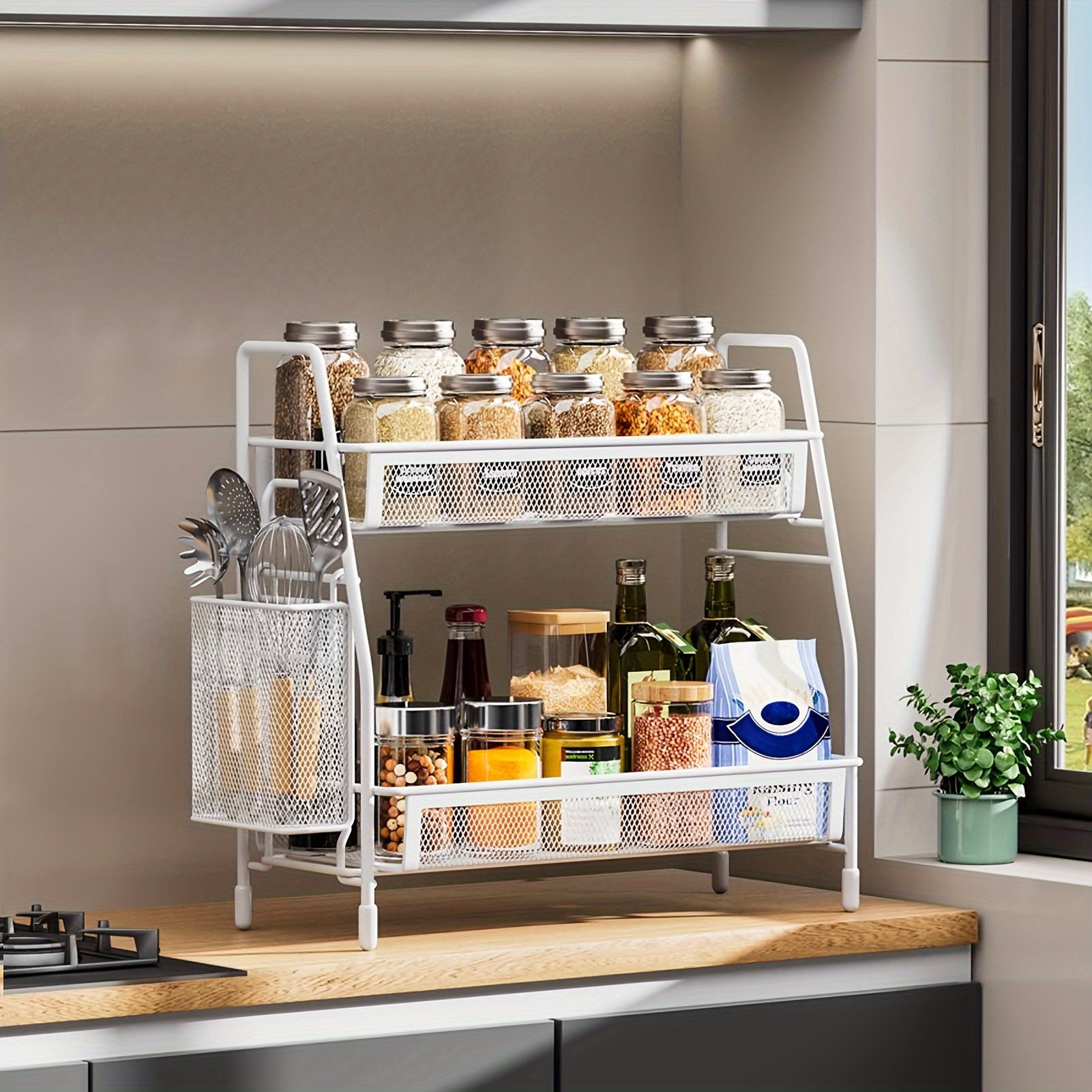 

White Cosmetic Organizer, Kitchen Countertop Organizer, Kitchen Countertop With Side Basket, Metal Spice Rack Organizer