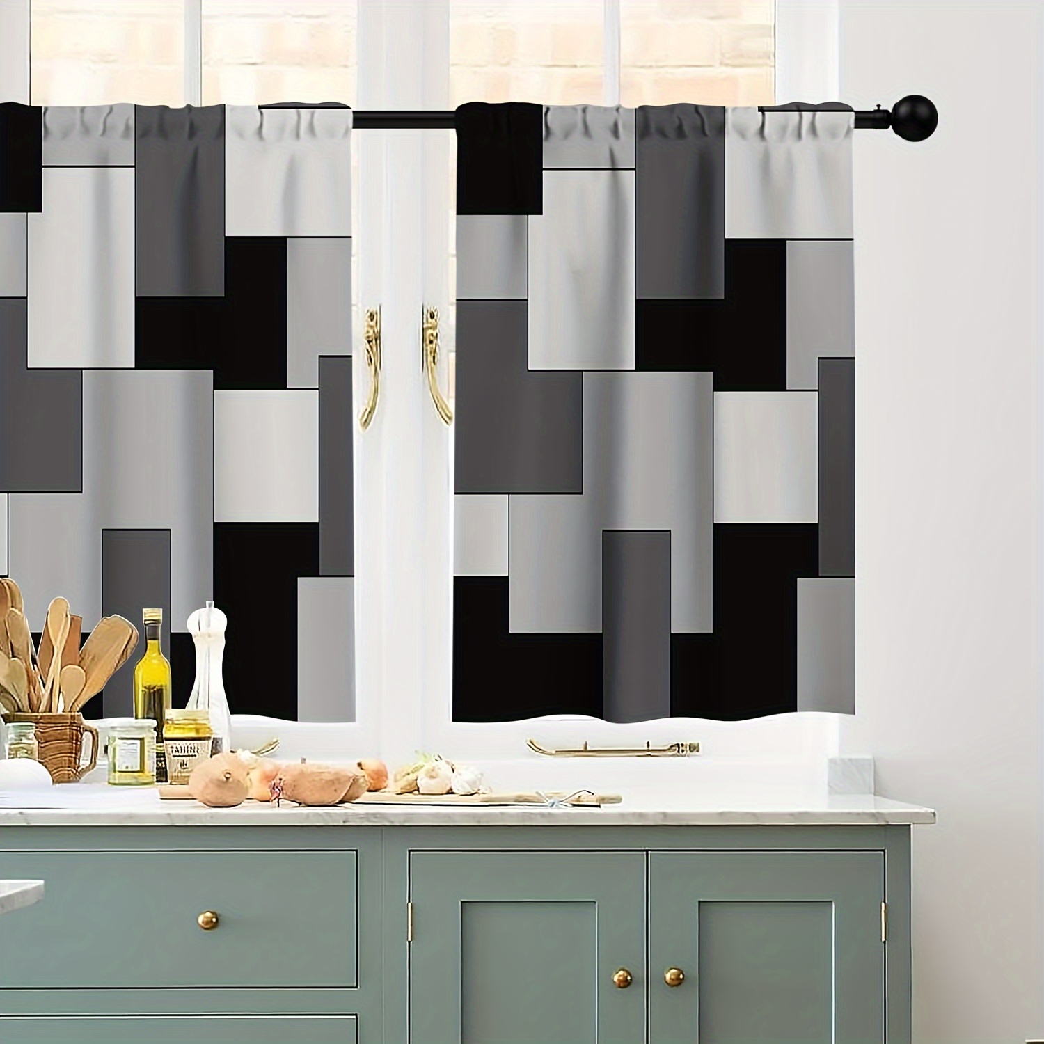 

Kitchen Curtains And Valances Set 3 Piece Curtains 36 Inch Length Black Grey Geometric Modern Abstract Art Window Treatment Tiers For Bathroom, Abstract Small Cafe Curtains For Living Room