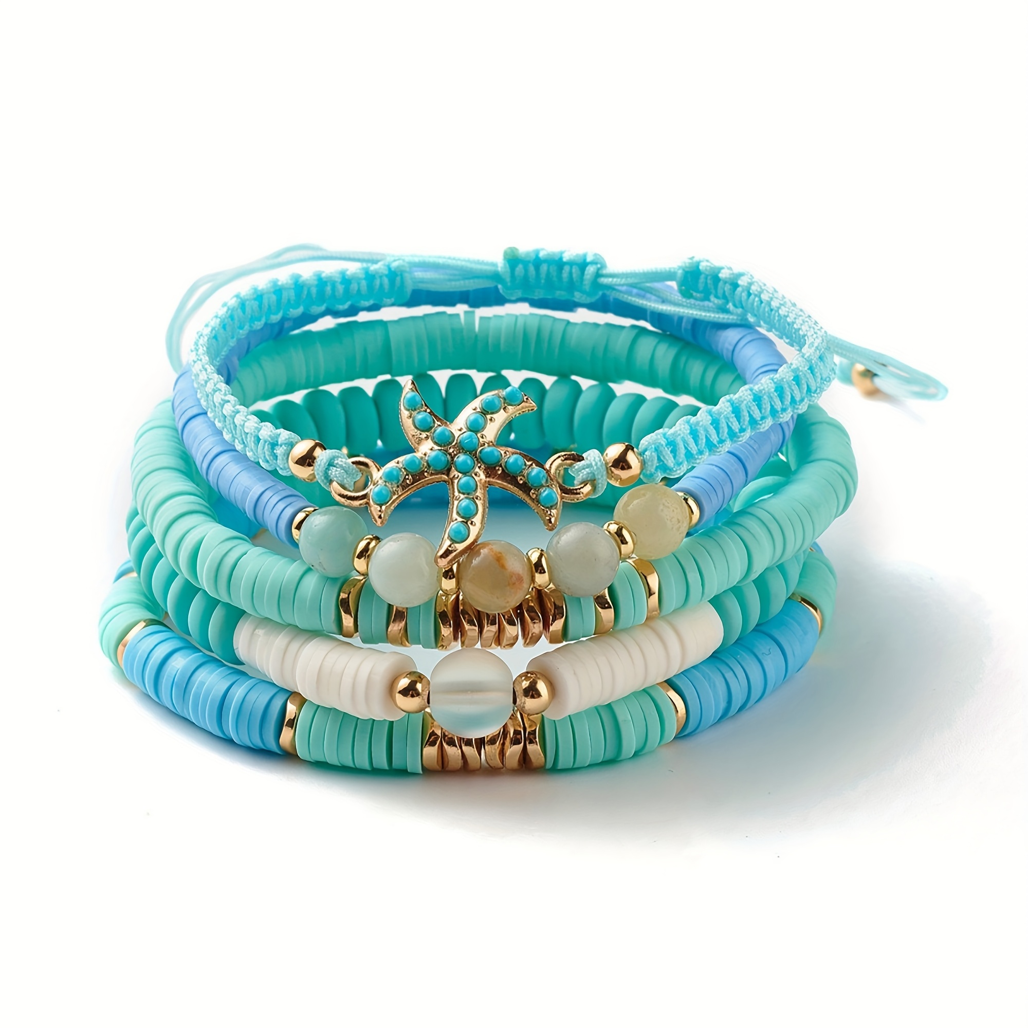 E-shop Strandarmband, elastisches Armband, 5 Armbänder gestapelt, Damen Perlen Bohemian Armreif, Seestern Anhänger Fußkettchen Schmuck