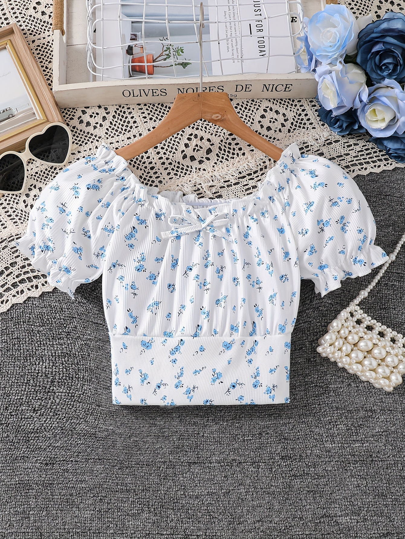 Girls' Summer Floral Off-Shoulder Ruffle Crop Top Fit Short Sleeve  Blouse with Blue White Floral Print, Breathable Lightweight Fabric for Cas