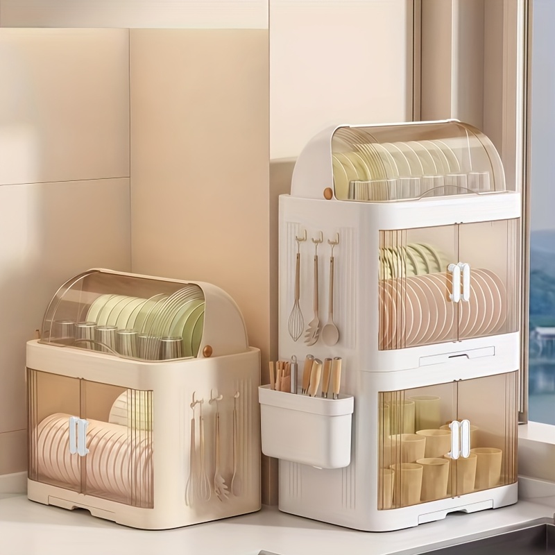 2/3-tier kitchen dish rack with lid,   drying tray and bowl storage box for utensils, suitable for bowls, plates, cups, white 0