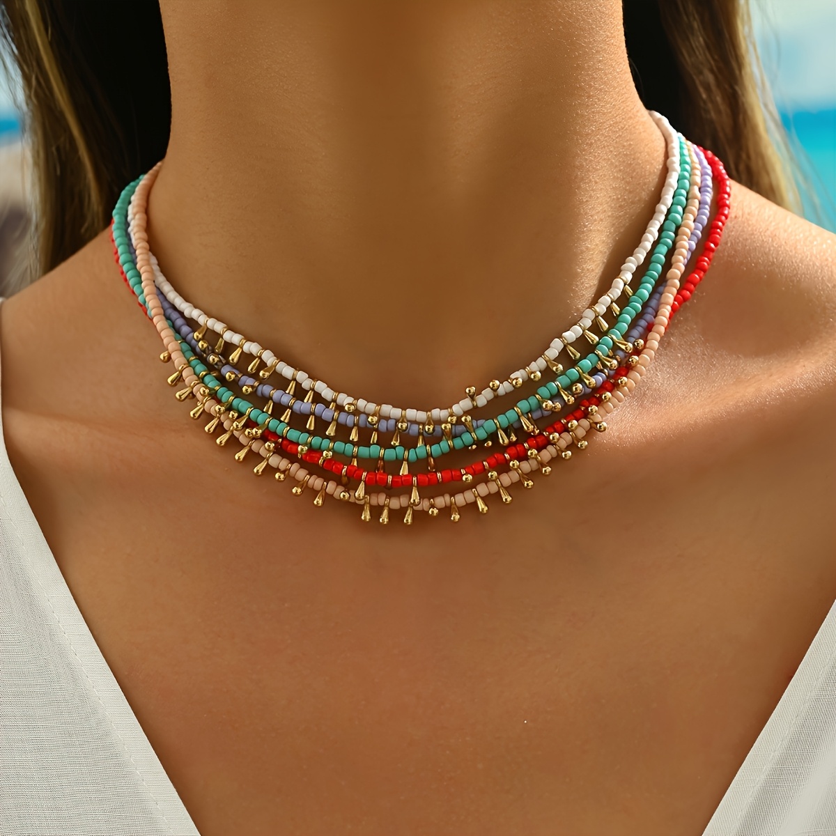 

5pcs Bohemian Spring/summer Casual Colorful Water Drop Rice Bead Hand-woven Stacked Necklace Suitable For Women' And Holiday Outfits