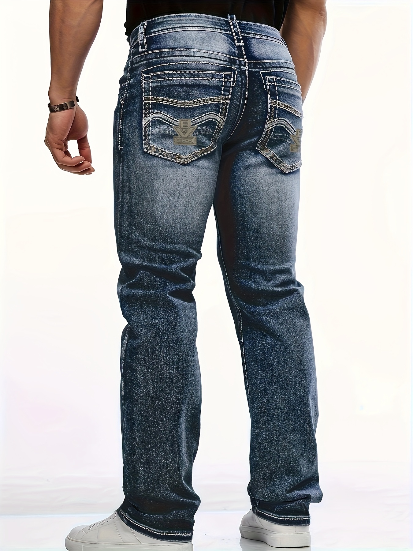 ESDVQ Men'S Slim Fit Stretch Jeans with Classic Embroidery - Vintage Style, Machine Washable