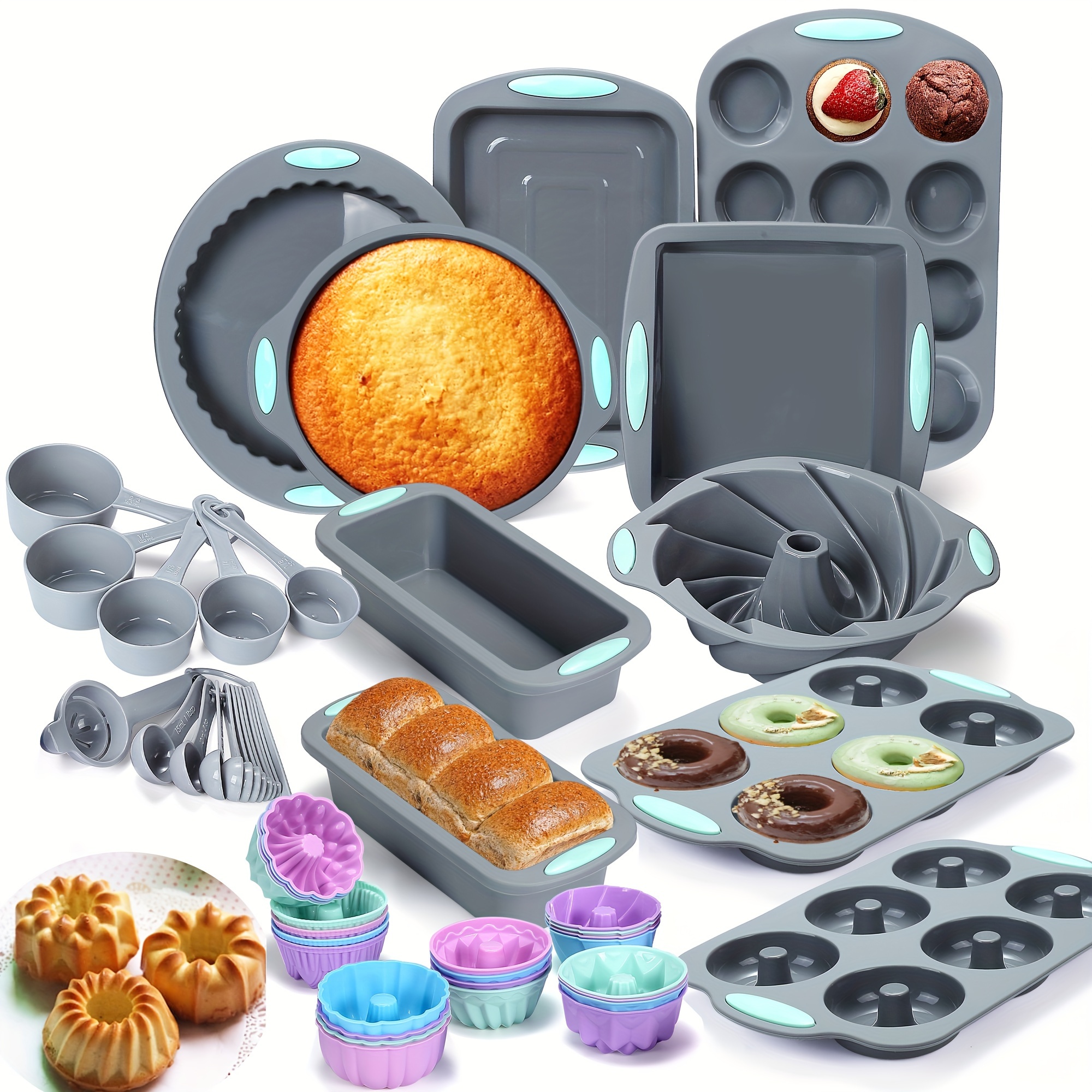 50pcs 45pcs silicone bakeware set non stick kitchen oven baking pans silicone cake molds with muffin pan   baking sheet cake pan donut pan and loaf pan with 24 pack silicone baking cups 17pcs measuring cups and spoons set Product details 0