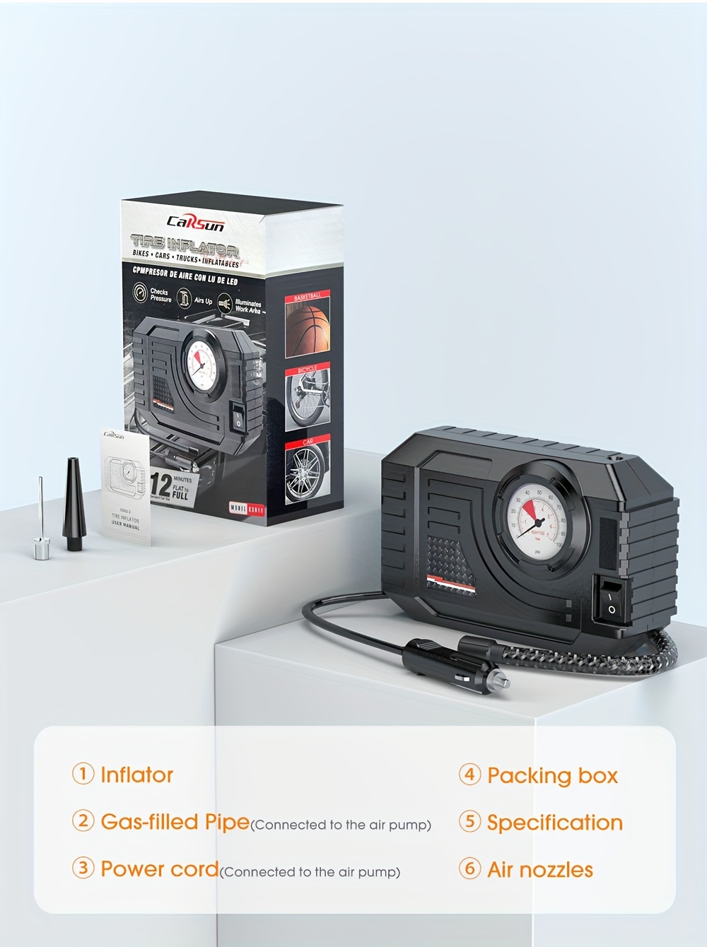 CaRSun Automatic Air Compressor Pump for Car Tires, Motorcycles, Bicycles - ABS Material, DC 12V LED Light, Car Plug Power, Non-Waterproof, ≤36V Operating Voltage - Ideal for Christmas, Halloween, New Year, Mid-Autumn Festival, Spring Festival, Without Battery