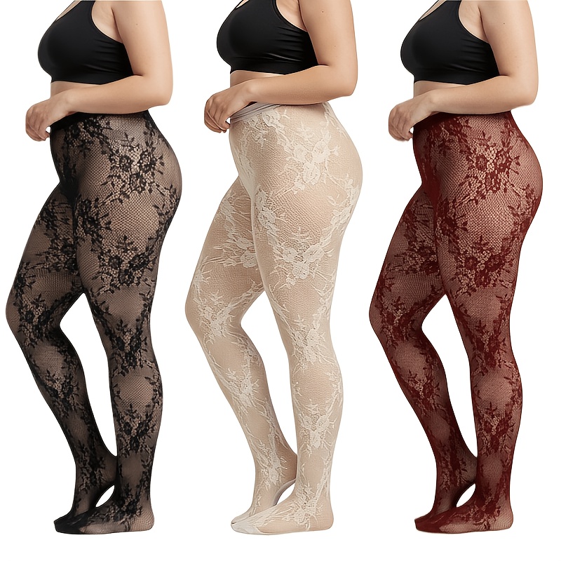 Image of 3 Pairs Plus Size Multicolor Lace Floral Hollow Out Stockings, Vintage Mocha Sexy Full Of Charm, High Elastic Non-constricting, Suitable For Dressing Occasions, Easy To Master Style