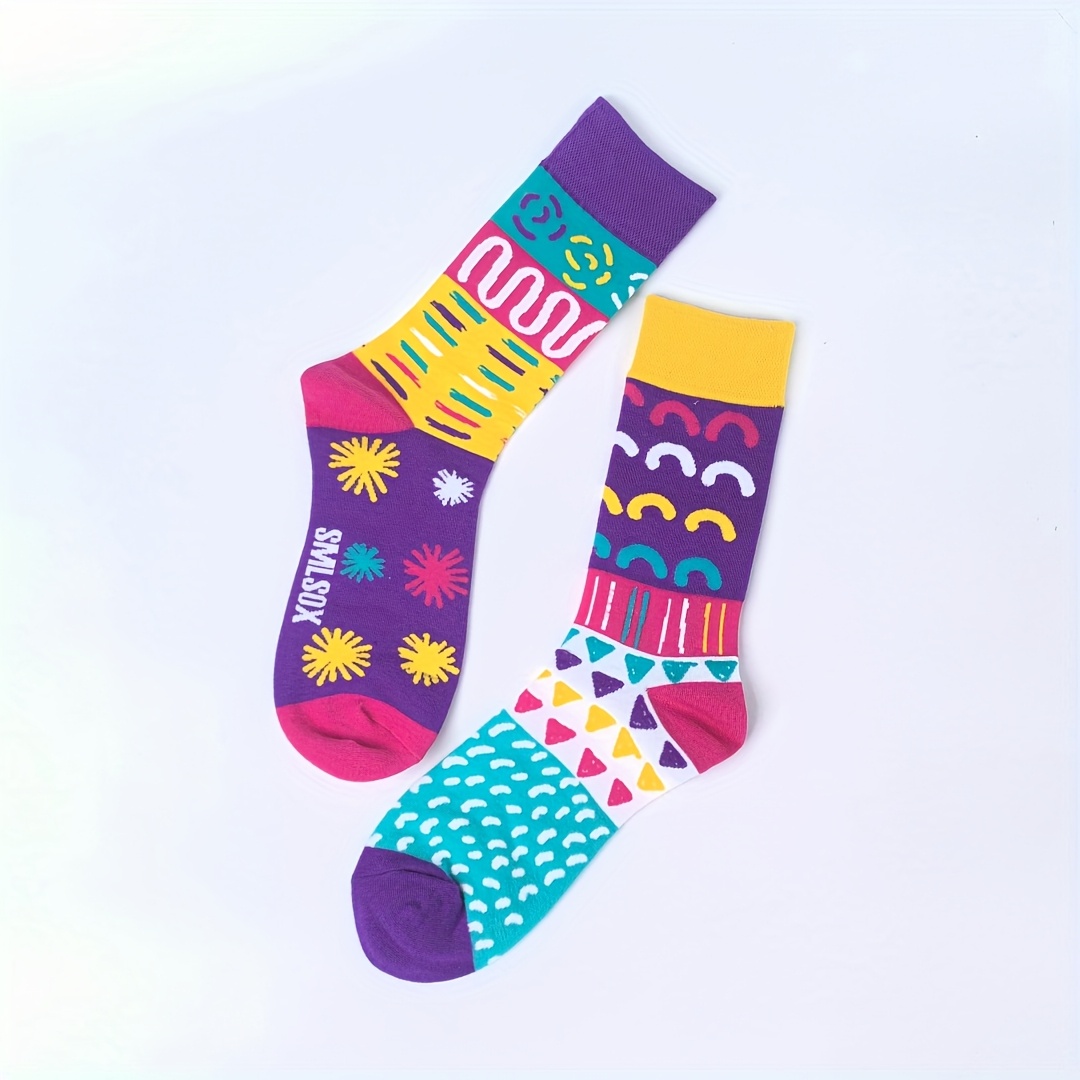 TEMU [1 Paire] Chaussettes pour femmes, style AB asymétrique, géométriques individuelles multicolores, tendance