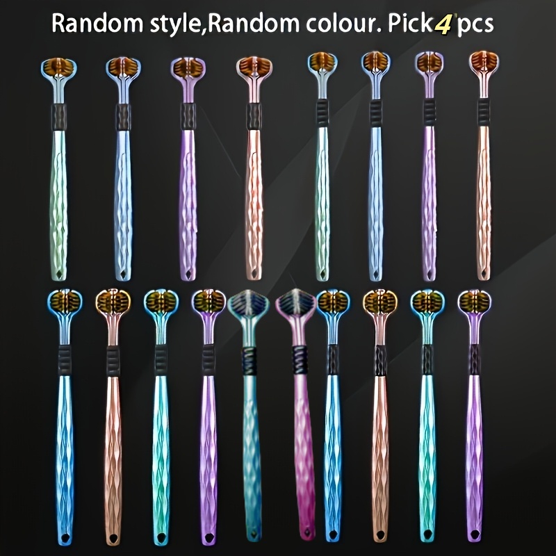 Image of 4pcs Ergonomic Manual Toothbrush Set, Equipped With 3-sided Brush Heads, Golden Volcanic Bristles, And - Suitable For Adults. The Color Of The Brush Handle Is Random