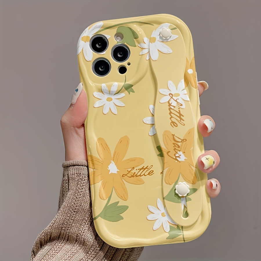TEMU Coque de téléphone - Fond jaune avec petites , coque crème blanche, coque de téléphone avec dragonne, design minimaliste, protection antichoc,
