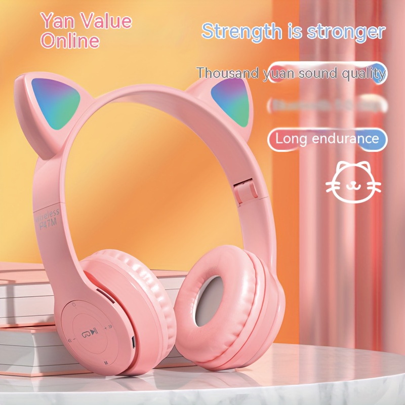 P47 Auriculares Inalámbricos Con Micrófono Oreja De Gato Bluetooth Estéreo  Bass Cascos Niños Niña Pc Auricular Gamer