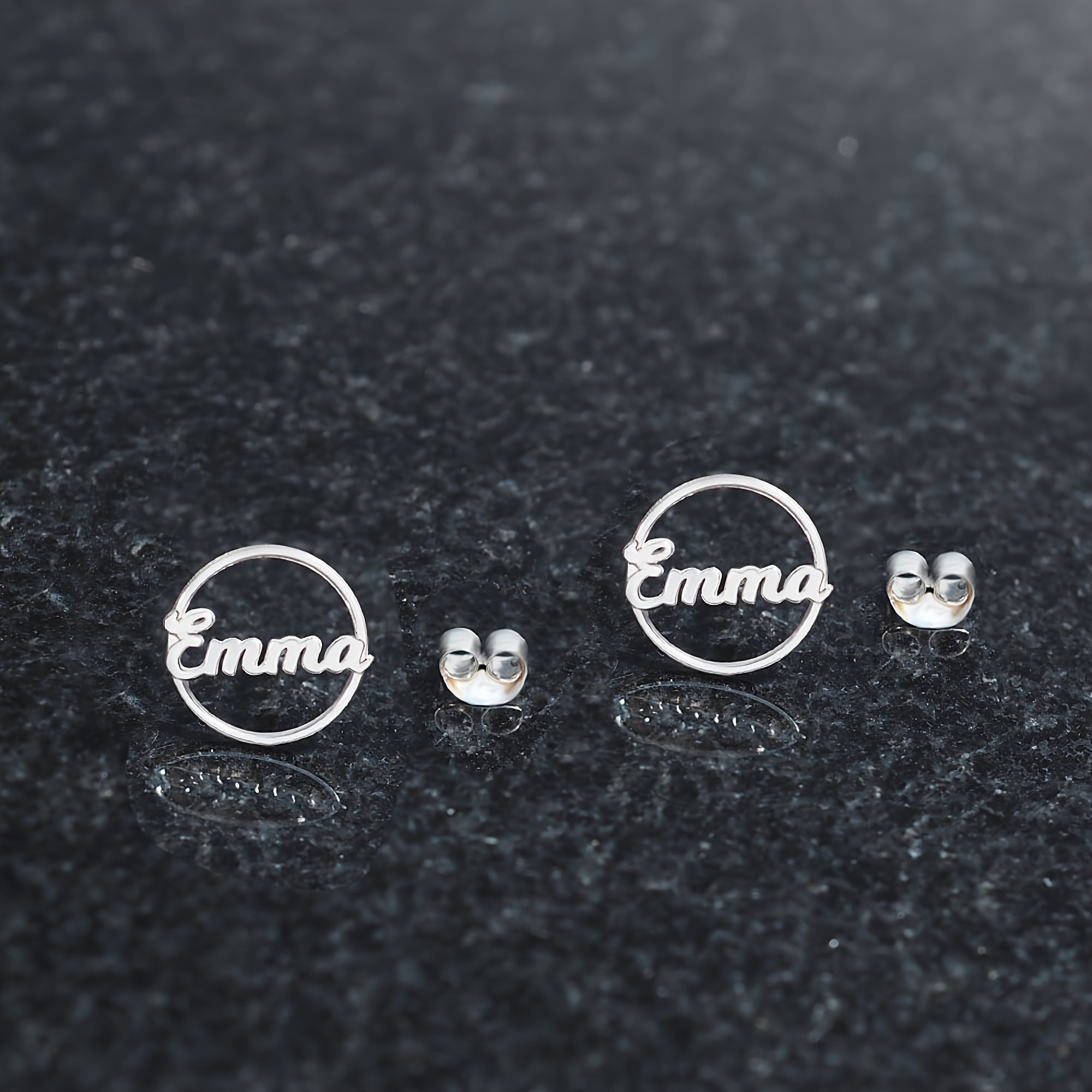Image of 1 Pair Of Simple And Elegant Customized Stainless Steel Round Earrings With English Names For Daily Commuting