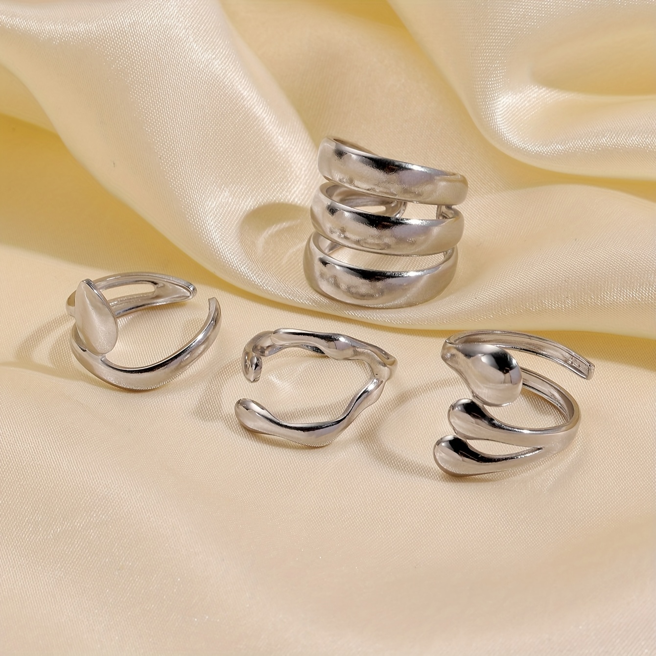 Image of 4pcs Fashion Stainless Steel Women Ring Set, Geometric Irregular Rings, Women Casual Versatile Additions, Suitable As Birthday Gifts And Daily Wear For Women,