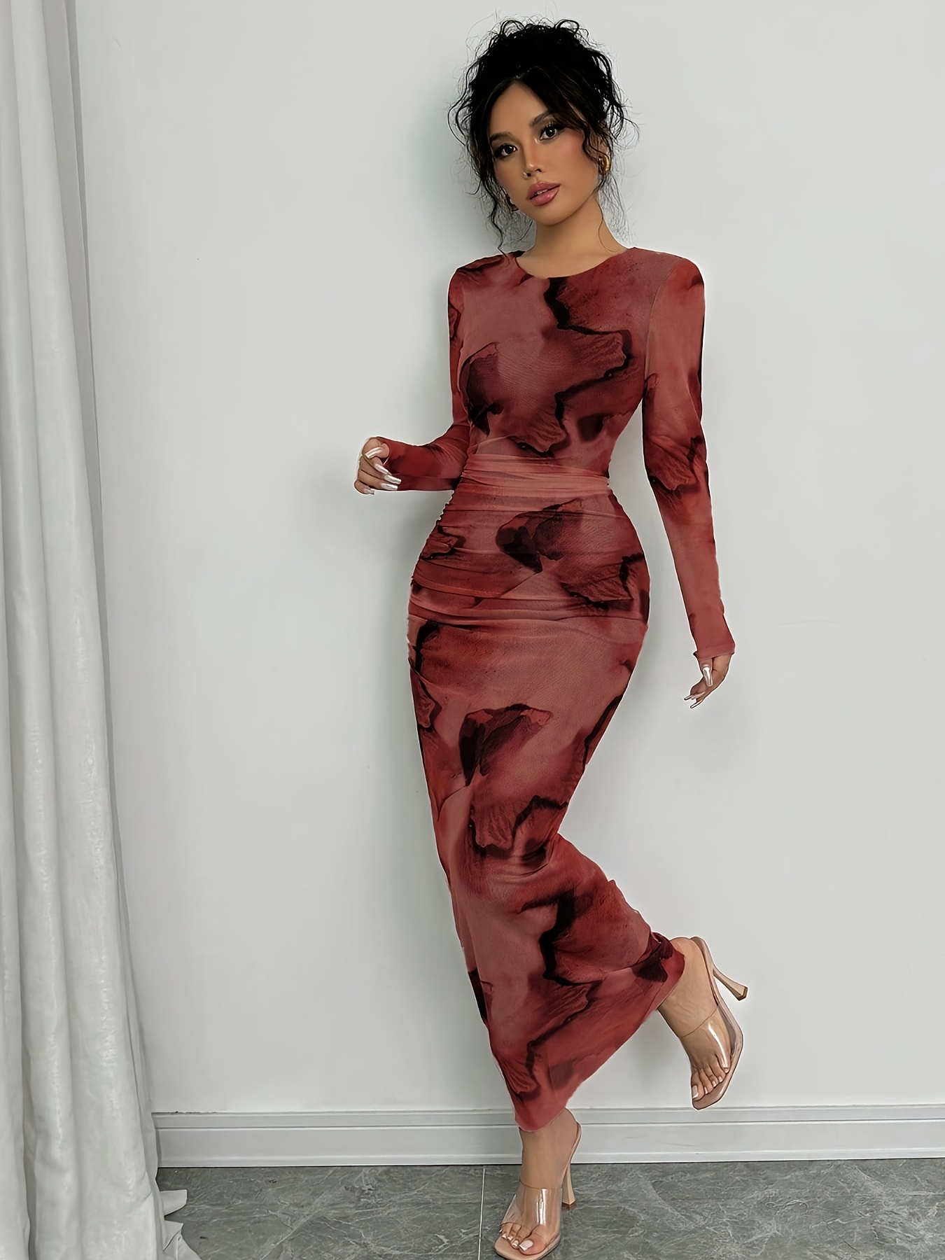 chinese dress ladies Red Blue Tie Dye Mesh Maxi Dress main image 0