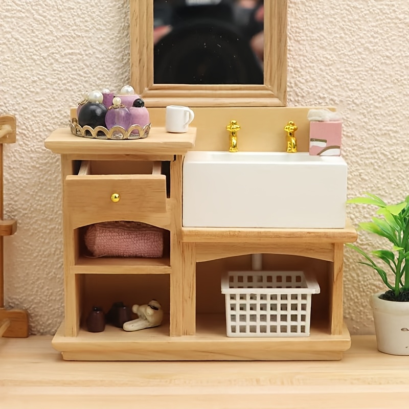 

1:12 Dollhouse Miniature Furniture Model Bathroom Kitchen Scene Washstand In Natural