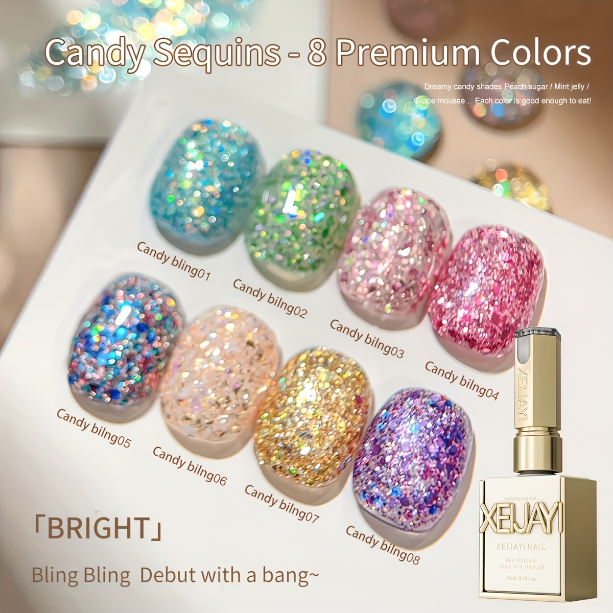 Image of Xeijayi Picture Frame Bottle Candy Sequins 8pcs---2026 New Colorful Candy Sequins Series Nail Gel Set Fashion Salon Art Gel Shiny And Firm For Salon Nail Art Design