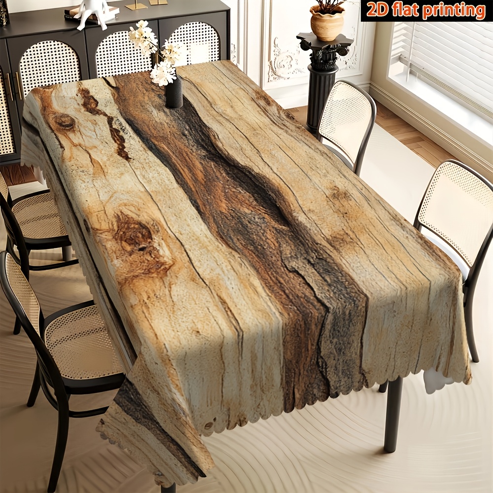 TEMU 1pc 2d Flat Farmhouse Grain Geometric Pattern Printed Rectangular Polyester Tablecloth, With Fan-shaped Edges, Suitable For Home Tablecloth,