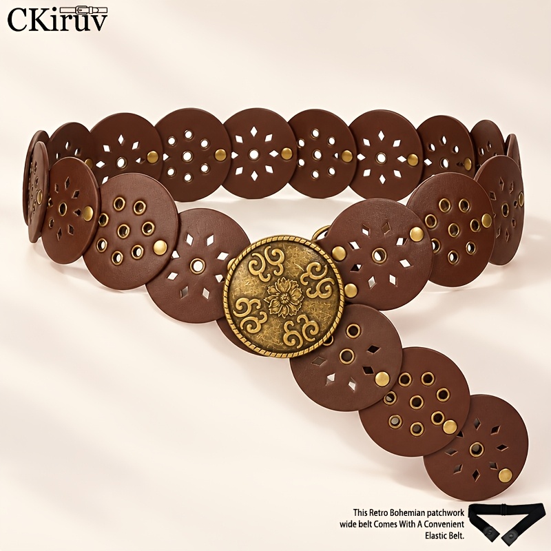 TEMU Vintage Bohemian Women's Belt, Features A Cinched Waist With Distressed Floral Buckles, Openwork Eyelets, And Rivet Details (plus A Belt). It