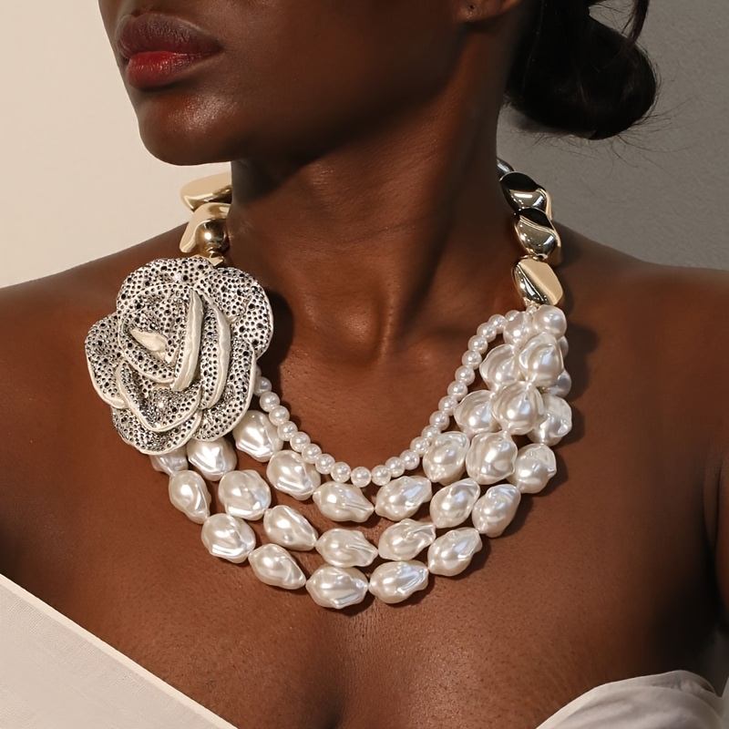 TEMU 1pc Bohemian 3d Floral Faux Pearl Necklace, Stackable Design Exuding Elegant Fashion And Suitable For Occasions