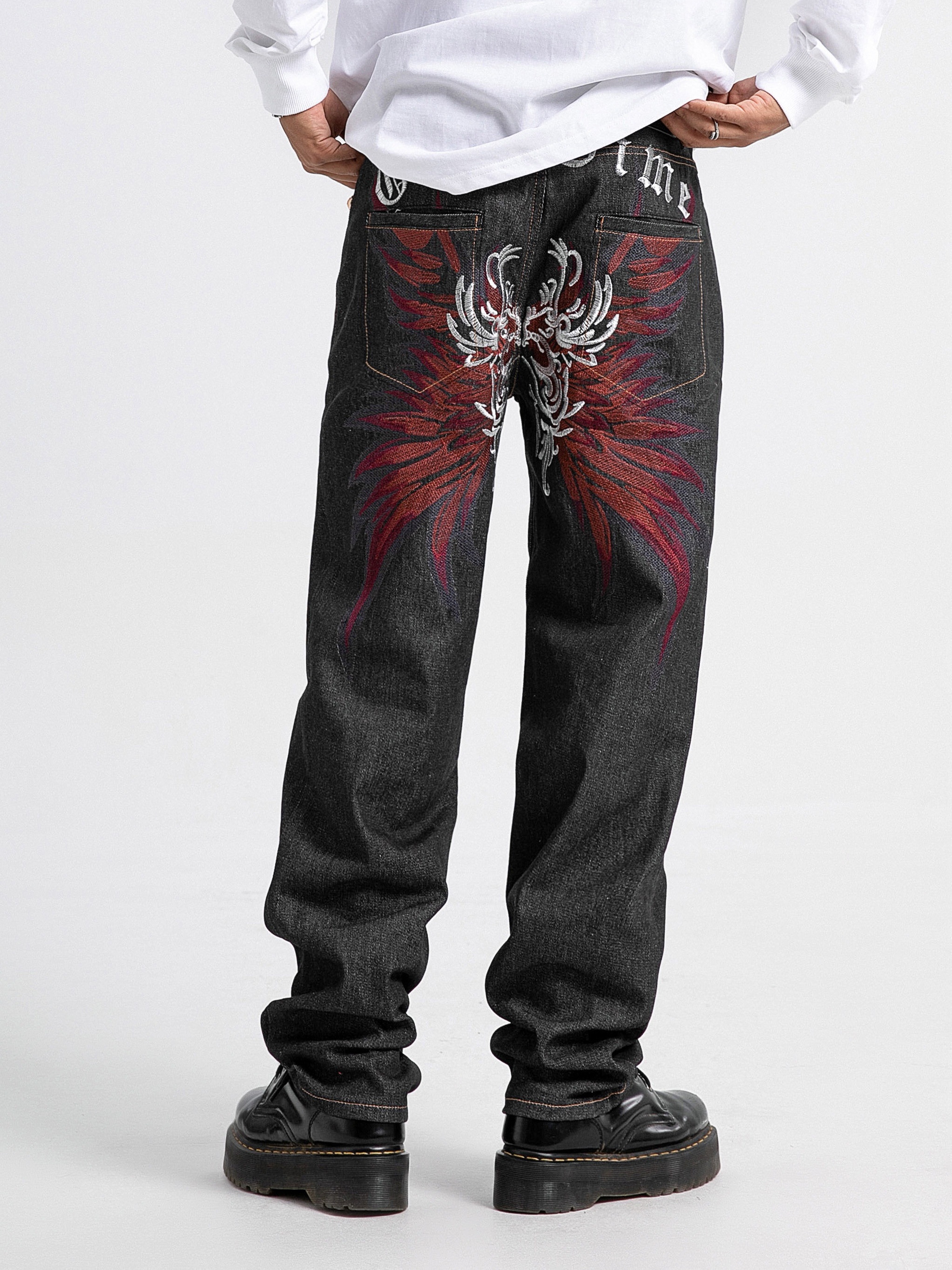 *'s Vintage-Inspired Straight-Leg Jeans with Embroidered Design Hip Hop  Street Style, Non-Stretch Denim in Black, Machine Washable, Allseaso