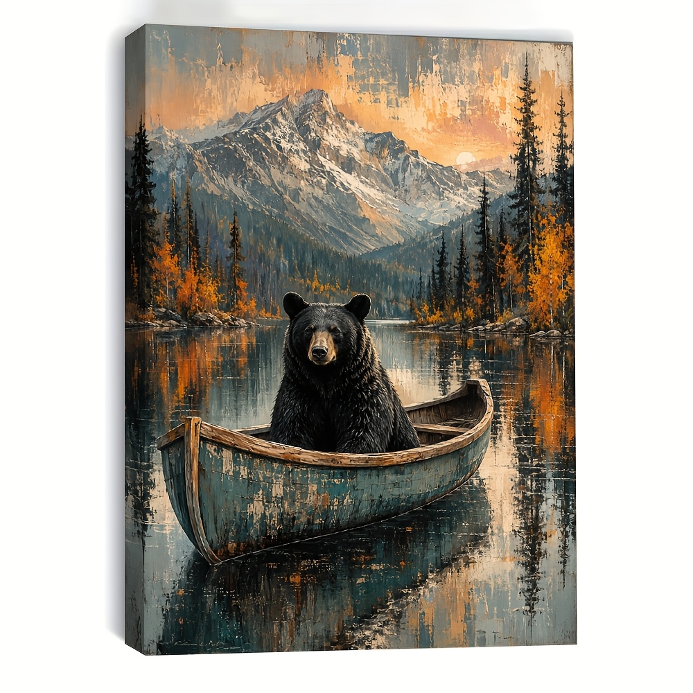 TEMU Art Mural sur Toile Encadré 1 pièce, Ours Noir en Canoë sur un de Montagne - Impression Paysage d'Automne Vintage Usé, Rustique, Convient pour