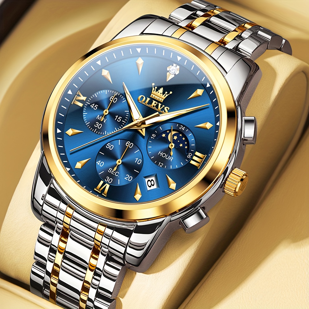 Image of Olevs Luxury Quartz Chronograph Mens Wristwatch | Gold Plated Stainless Steel, Moon Phase, Luminous Date, Fashion Dress Style, Blue/golden/gray/black Dial