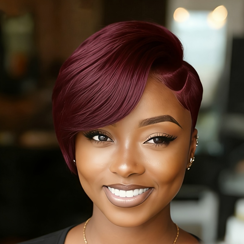 TEMU Women's Brazilian Human Hair Wig Suitable For - Natural Straight Short Cut With 99j Burgundy Color, 180% Density, Burgundy Hairpiece For Daily Wear & Parties, Brazilian Hair For Volume & Scalp