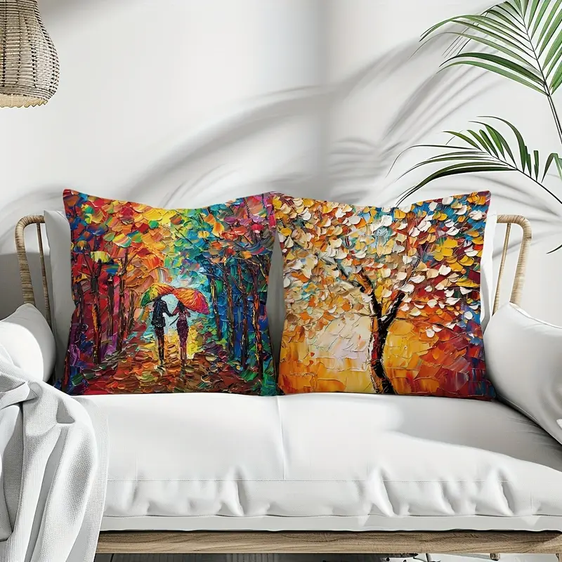 4pcs geometric oil painting tree throw pillow cover abstract tree decorative pillow cover home decor sofa sofa living room bedroom double sided printing polyester material no pillow core Product details 4