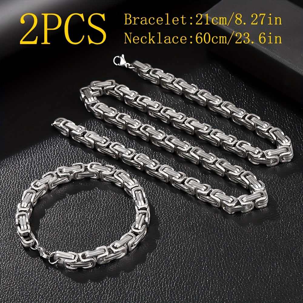 E-shop 2-teiliges Herren-Schmuckset aus 304 Edelstahl: U-Halskette, Byzantinische -Kettenhalskette + 5 mm breites Armband aus 304 Edelstahl