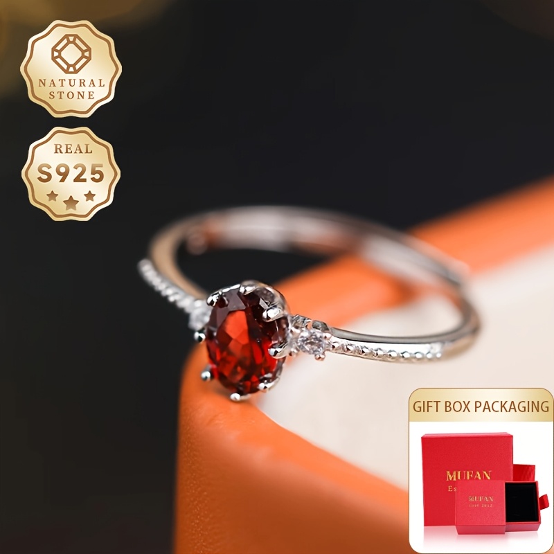 S925 Silver Garnet Open Ring, Adjustable Gift