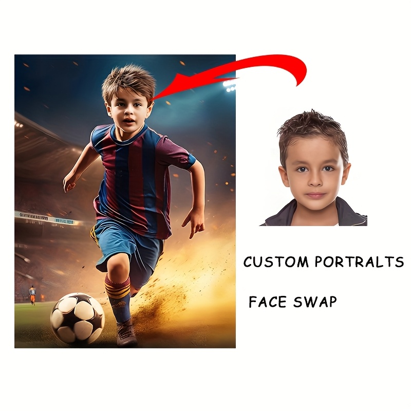 TEMU 2d Flat, Customized Boy Head Changing Portrait, Personalized Little Boy Football Player Portrait, Wall Art Canvas Poster, Living Room, Bedroom