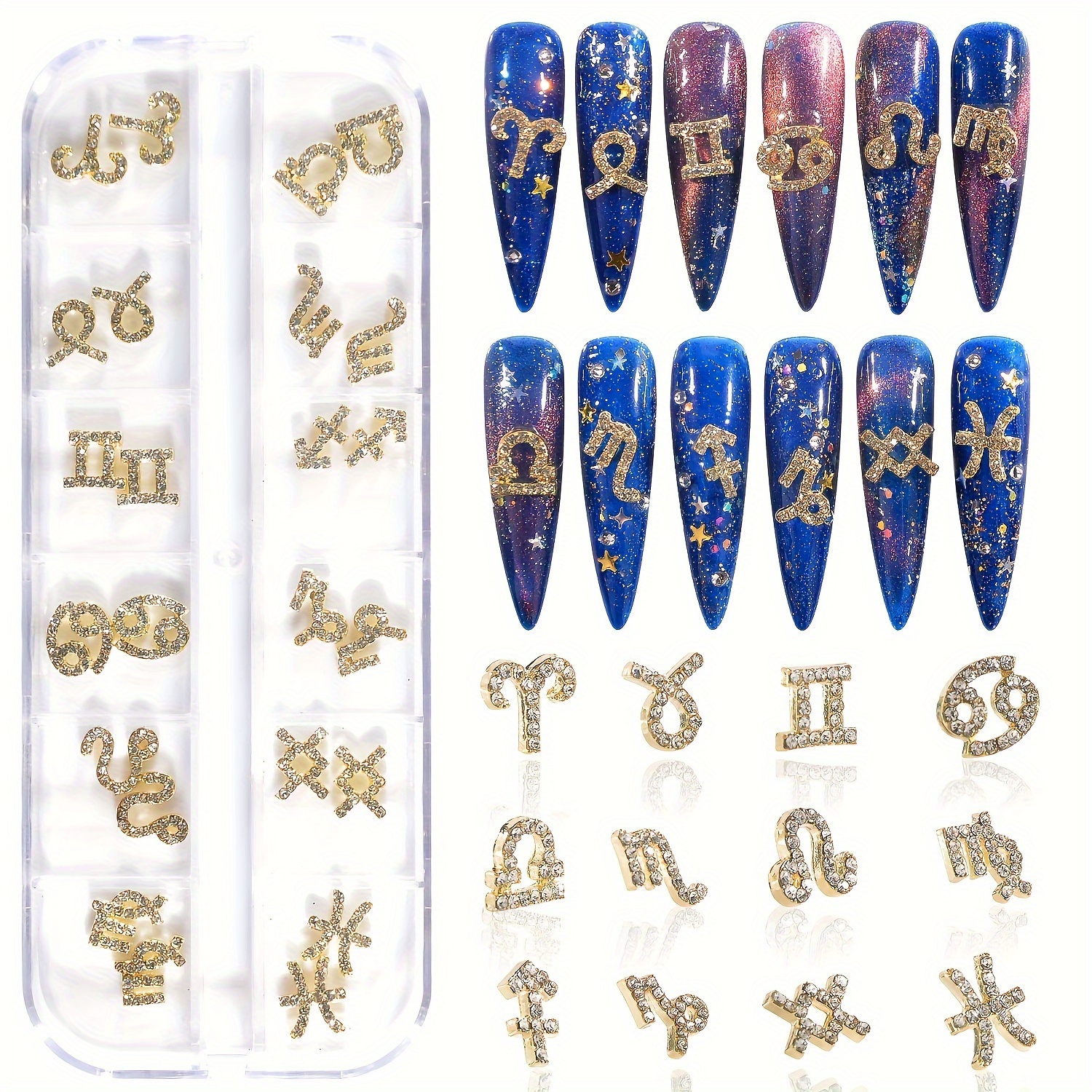 

24-piece Metallic Alloy Zodiac Nail Charms Set With Rhinestones - Sparkling Constellation Designs For Diy & Salon Manicure Accessories