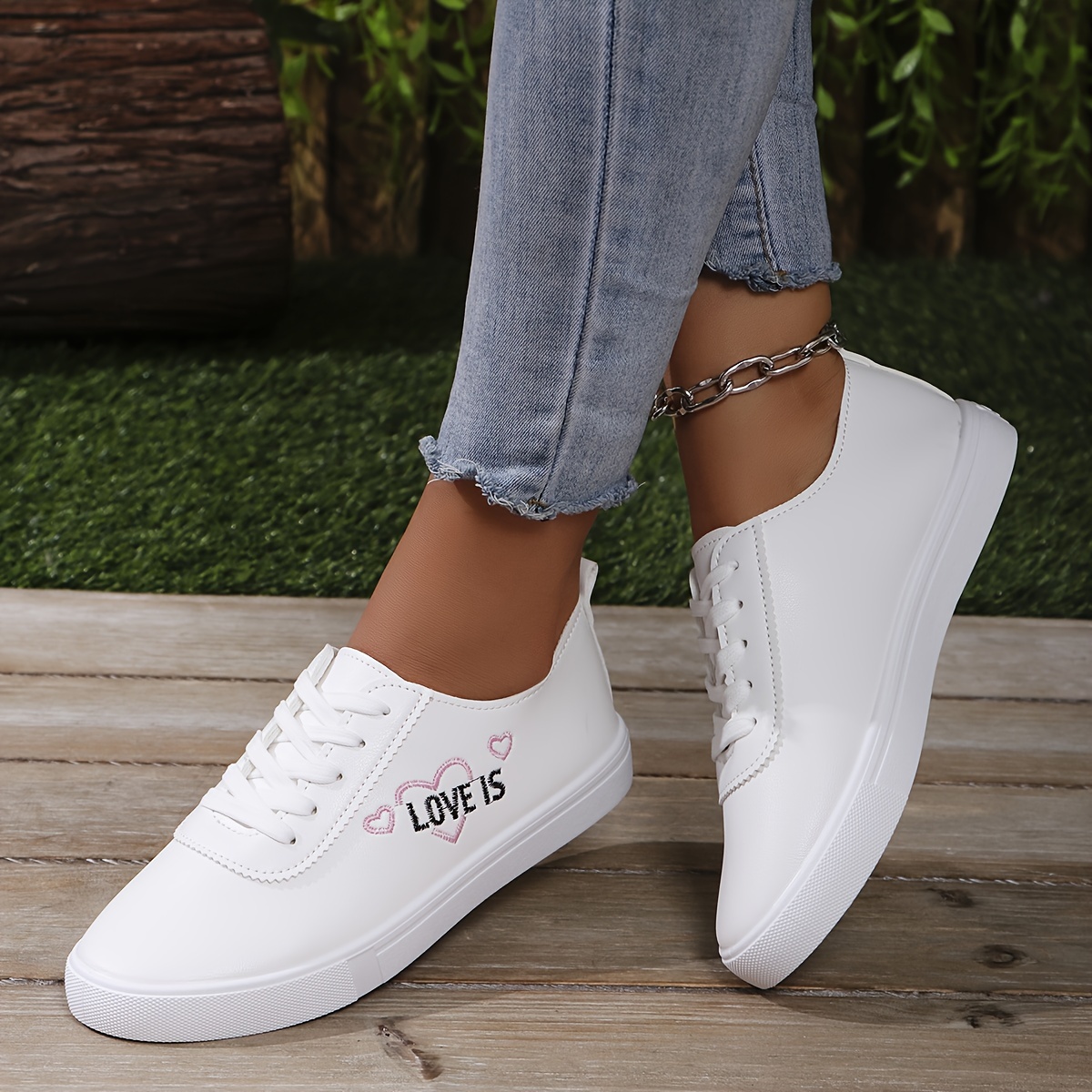 

Women's White Flat Shoes With "love Is" Lettering, Lace Up Low Top Sneakers For Casual Daily Wear