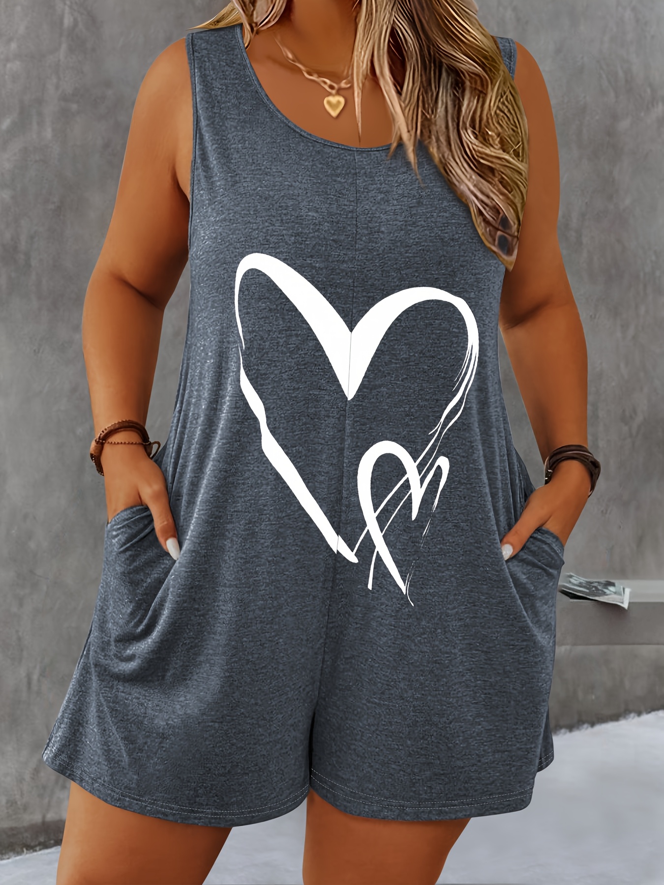 plus size plus size womens fashion heart print jumpsuit shorts round neck pocket sleeveless vest jumpsuit casual shorts plus size jumpsuit womens clothing