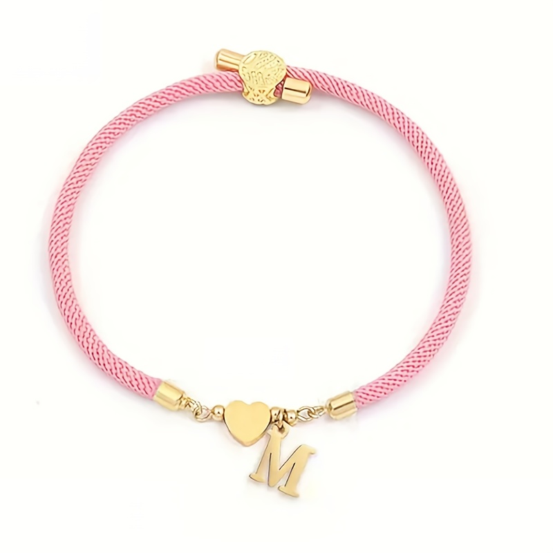 TEMU 1pca-z 26 Golden English Letters With A Heart-shaped Pink Adjustable Rope Women's Fashion Bracelet Is The Perfect Personalized Gift For And