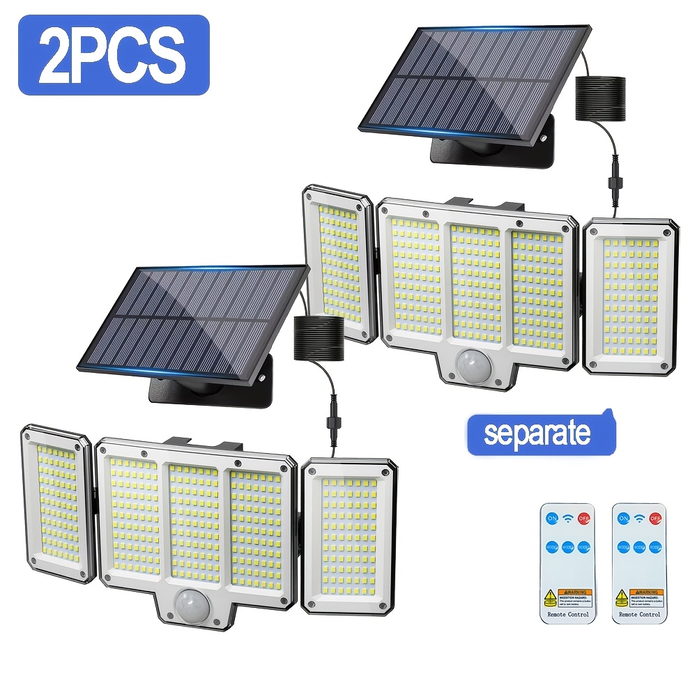 E-shop 2er-Set Solar-Bewegungsmelder-Außenleuchte, 385 LED Solar-Wandleuchte mit Fernbedienung, 5m Kabel geteiltes Solar-Sicherheits-Flutlicht mit 3