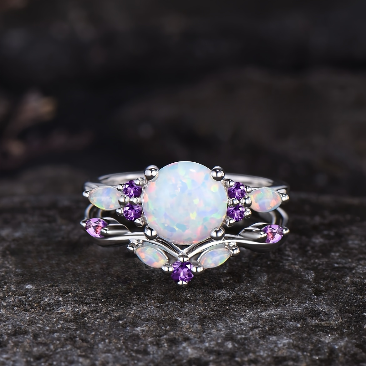 

1pc Elegant 925 Sterling Silver Ring With Synthetic Opal And Purple Accents - Luxury Egg Shaped Engagement Band, Ideal For Weddings, Anniversaries, Christmas Gift