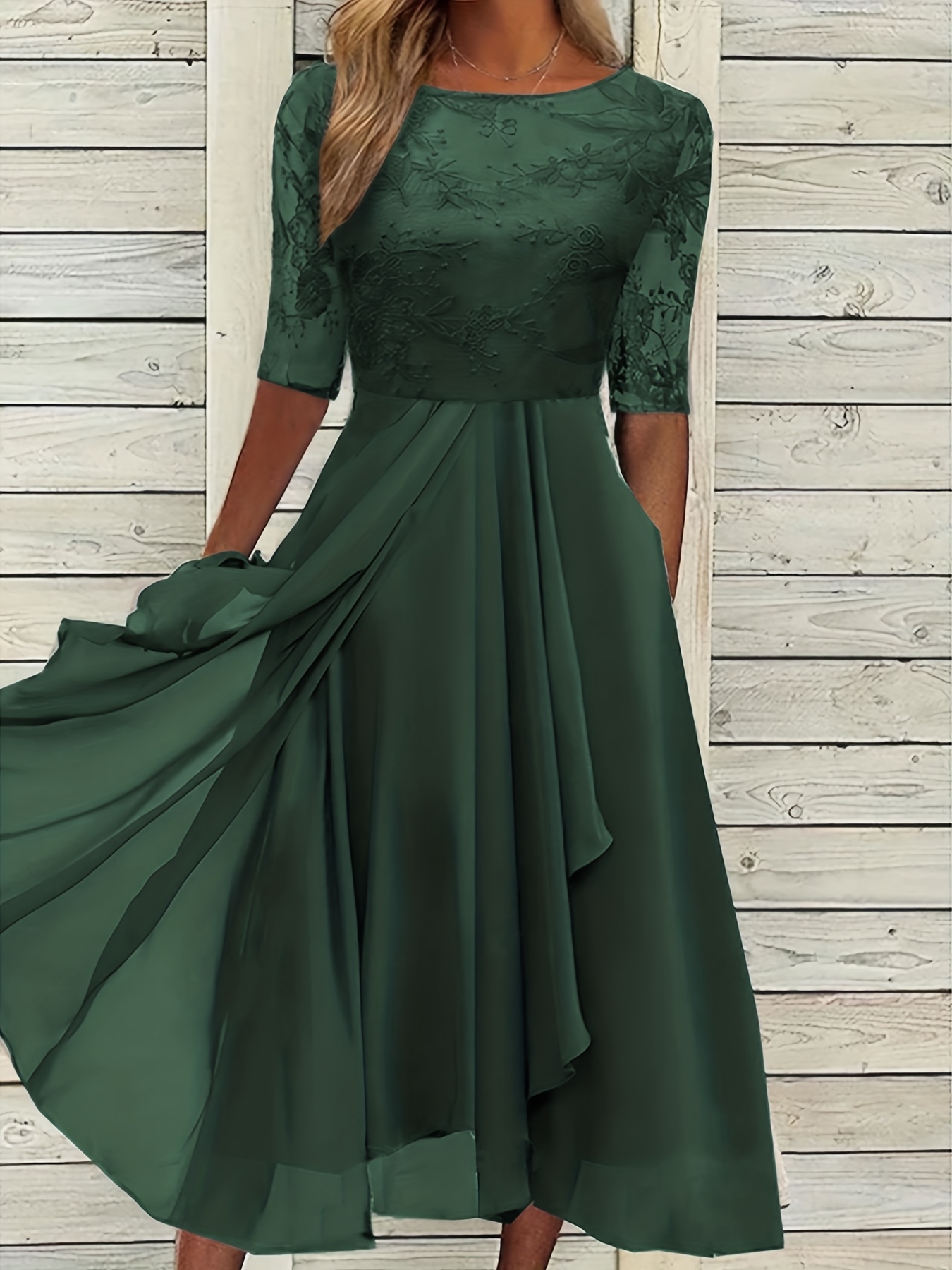 chinese dress ladies Midi Wedding Guest Dress with Half Sleeves and Pleated V-Neck