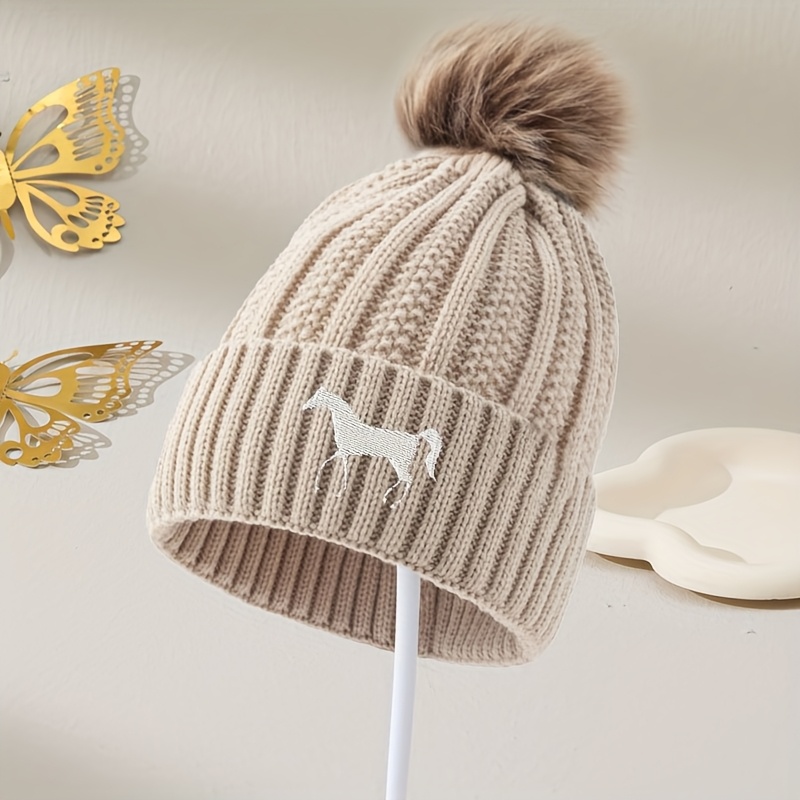 TEMU White Spurs Embroidery Autumn And Winter Warm Hat Women's Hat Pompom Solid Color Versatile European And Thickened Outdoor Lazy Style Ear