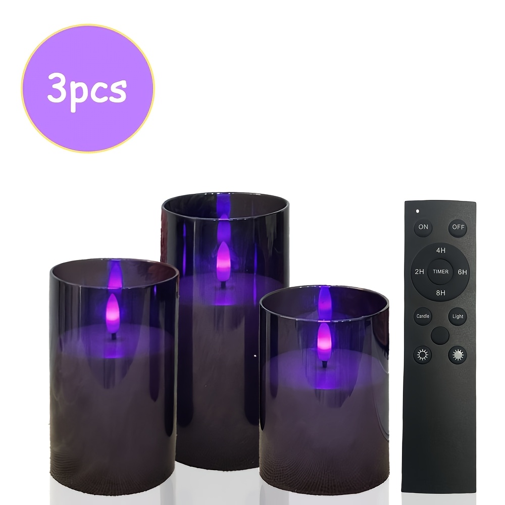 E-shop Flammenlose Kerzen, 3 Stk./2 Stk., Schwarz mit flackerndem lila Licht, batteriebetriebene Kerzen (Batterien nicht enthalten), große schwarze