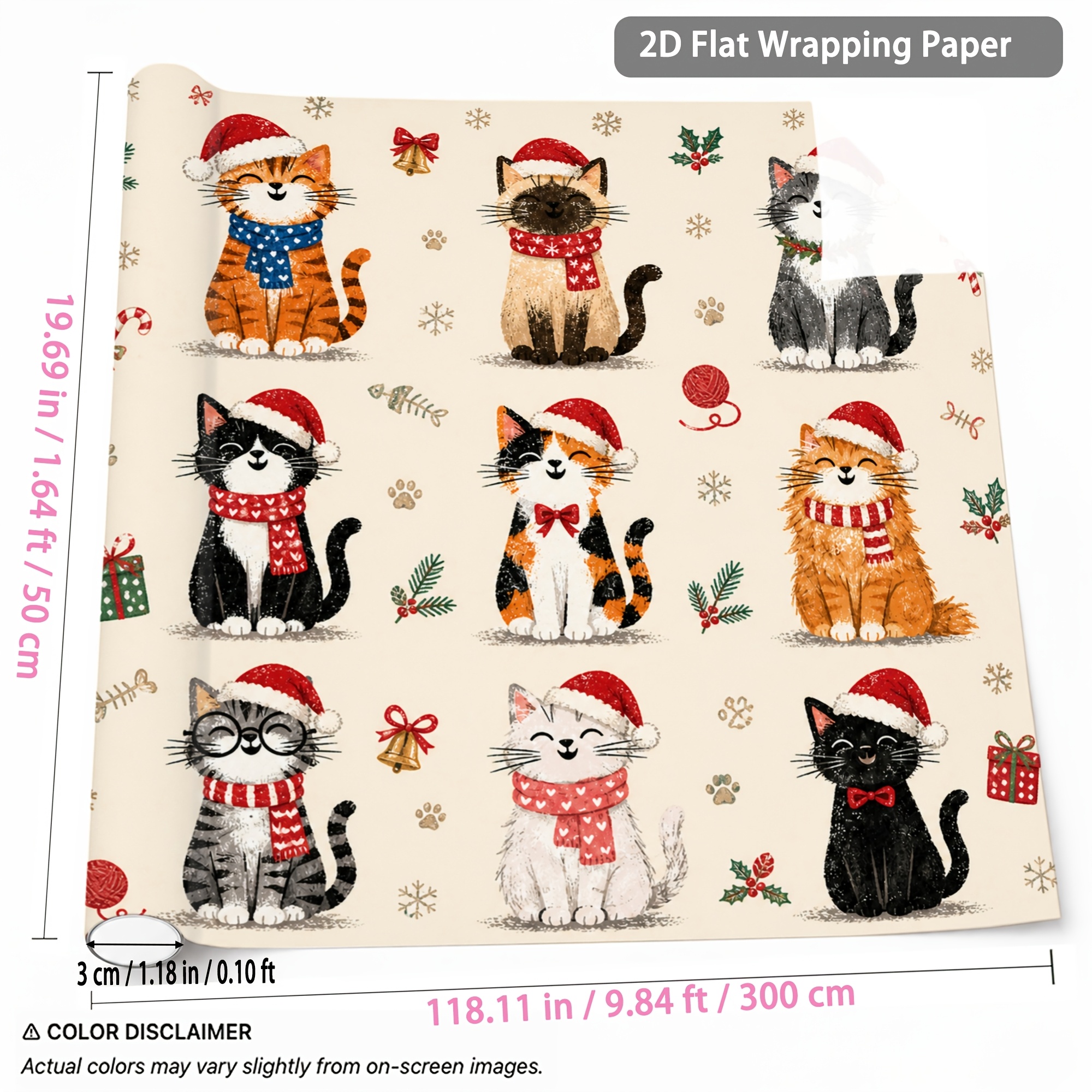 TEMU 1 Rolle Weihnachts Katzen Geschenkpapier 1.64Ft X 9.84Ft Geschenkverpackungspapier Beige Hintergrund Schneeflocken Schal Katzen für