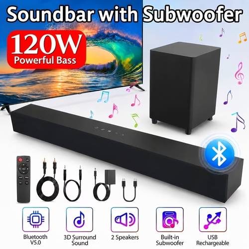 item picture 120w 2 1 channel soundbar with subwoofer smart tv sound bar wireless surround sound system wireless speaker for tv pc home theater s bt b opt coax aux eq with remote control