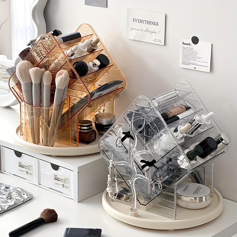   360 degree rotating makeup organizer with brush holder freestanding vanity cabinet heavy duty clear plastic construction space saving bathroom storage for makeup jewelry beauty products no assembly needed modern vanity organizer makeup vanity desk jewelry display   durable plastic Product details 0