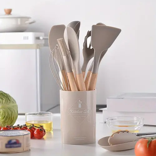 12pcs set wooden handle silicone kitchenware set kitchen stuff baking supplie kitchen baking cooking tools set high temperature resistant non stick kitchenware