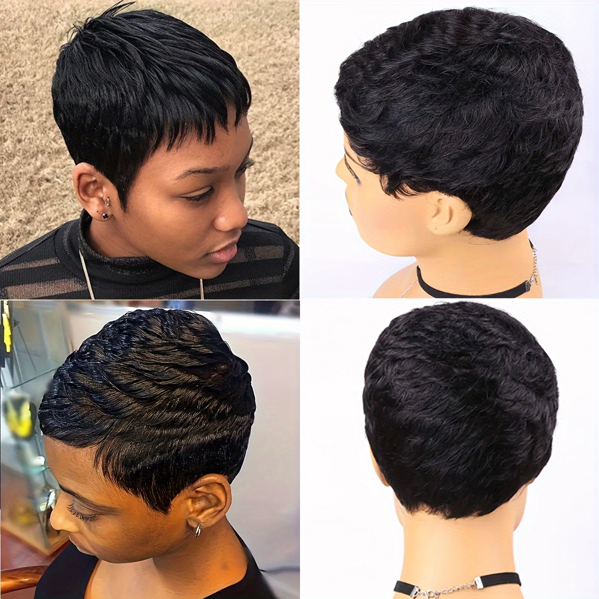 TEMU Human Hair Short Pixie Wigs With Bangs Pixie Hair Wigs Black Layered Pixie Wavy Wigs For Women