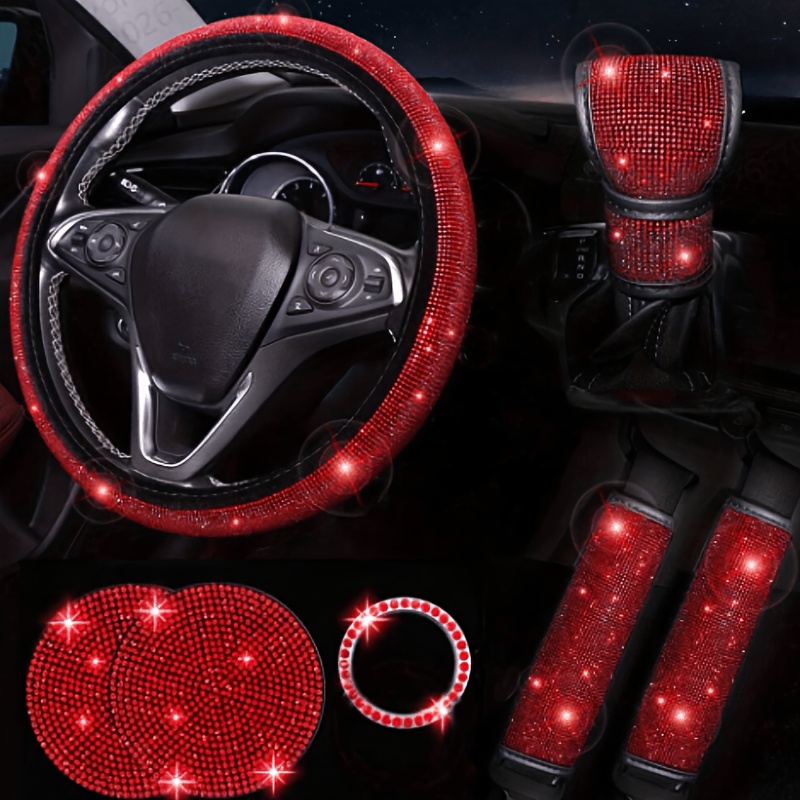 TEMU Ensemble de 7 pièces d'accessoires intérieurs de voiture à strass brillants, comprenant une housse de volant, une housse d'accoudoir, une housse