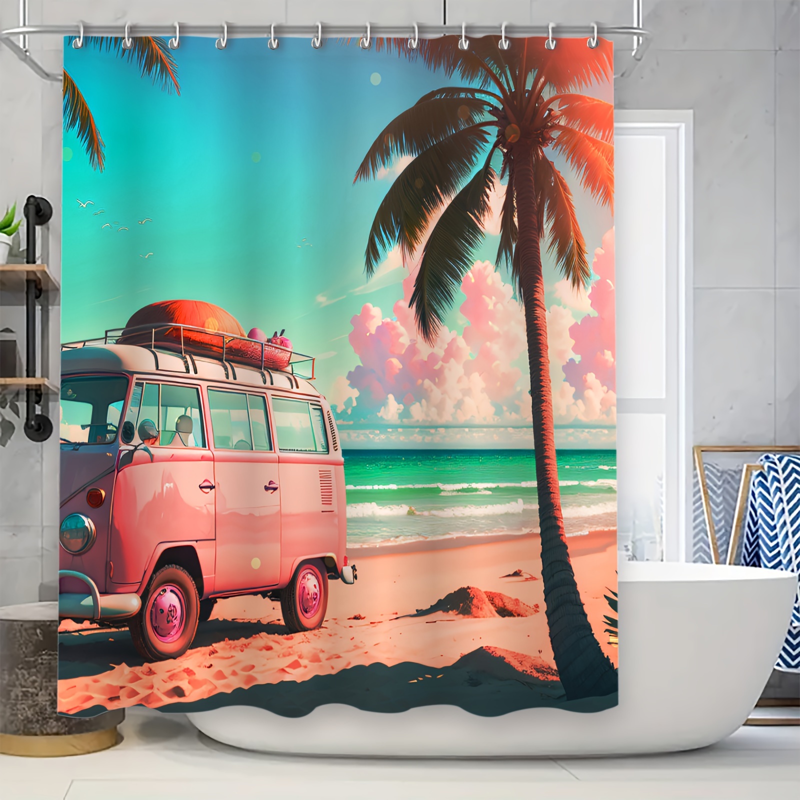 

Beach Sunset Pink Bus Shower Curtain Set With 12 Hooks, 70.8x70.8 Inch Water-resistant Polyester Bathroom Partition Curtain, Fashionable Tropical Theme Bath Decor, Machine Washable Unlined Curtain